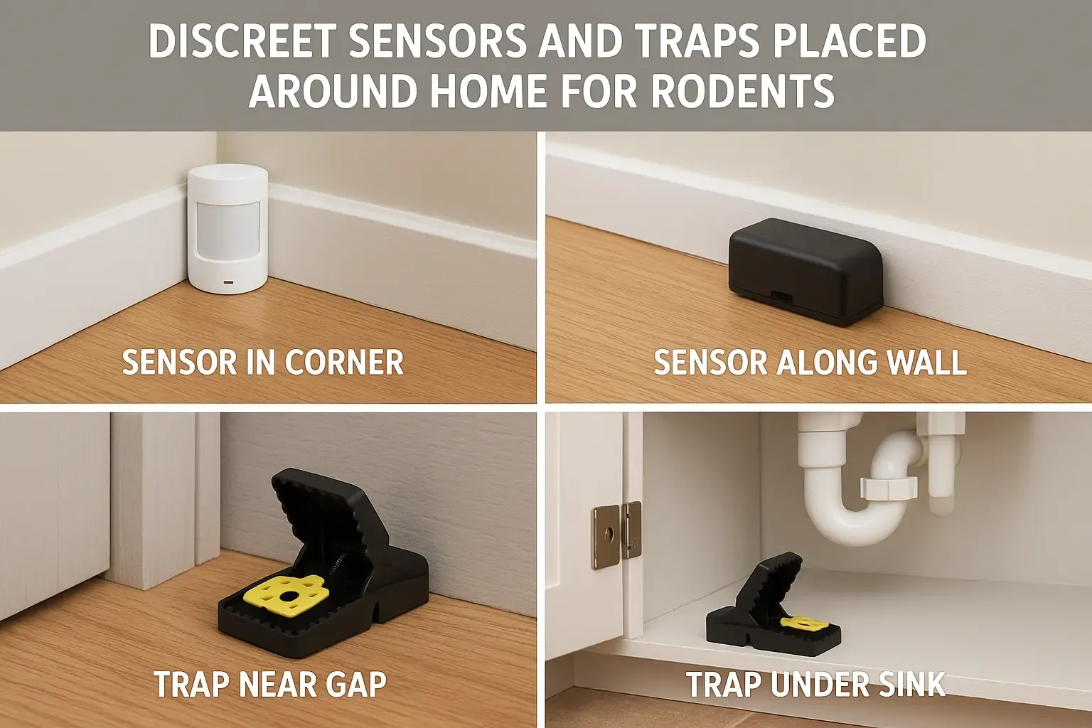 Discreet rodent sensors and traps placed around a home